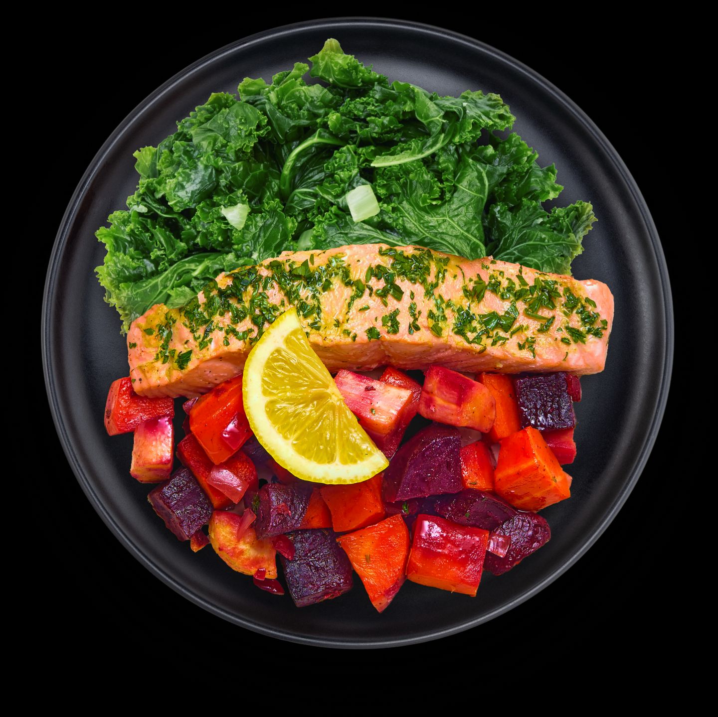 Chef-prepared LifeChef meal with salmon, beets, and greens for chronic condition support
